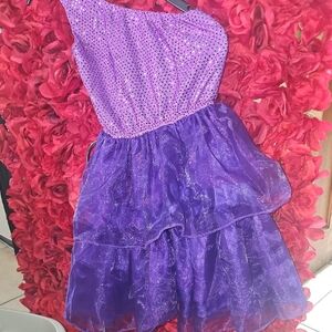 Girls Purple One-Shoulder Dress With Tulle Skirt Sequins & Glitter Size S/M